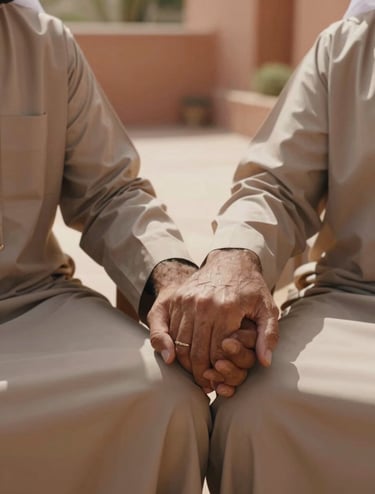 A close-up cinematic shot of hands intertwined, a Middle Eastern / Gulf couple sitting in a warm sun-drenched patio, soft tan and burnt terracotta tones, natural and spontaneous feel.