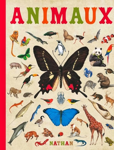 French children's book cover titled Animaux featuring colorful illustrations of various wild animals and butterflies.