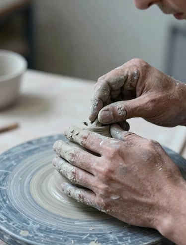 A detailed photography shot focusing on the hands of a sculptor working with clay in a European / French workshop. The composition is tight and artistic, with soft dramatic lighting. Colors feature pale slate grey dust and dusty blue clay textures.