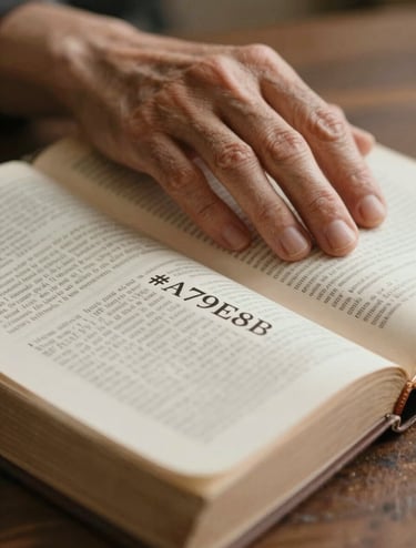 A close-up shot of weathered, graceful hands resting on an open Bible. The lighting is soft and warm, highlighting the texture of the paper and skin. The composition is intimate and heartfelt, reflecting a spirit of high-quality craftsmanship and devotion, using the brand's #A79E8B beige tones in the parchment.