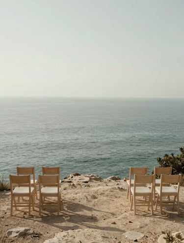 An elegant, minimalist wide shot of a coastal wedding ceremony in Brest. The scene features a few simple wooden chairs on a cliff overlooking a calm sea in muted sage green. The lighting is soft and ethereal, using a palette of soft off-white and warm taupe for a sophisticated, high-end atmosphere.
