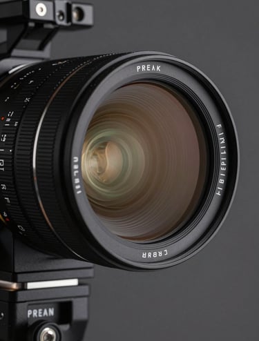 A close-up photograph of a premium anamorphic camera lens reflecting soft muted gold lighting. The setting is a professional North American / US production studio with a charcoal grey background, emphasizing technical precision and artistic mastery.