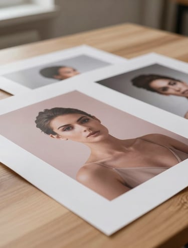 Close-up of professional photography prints lying on a minimalist wooden table in a Spanish studio, soft natural light, shades of off-white and dusty rose.