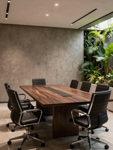 Professional photography of a modern Brazilian conference room. A large minimalist dark wood table is surrounded by elegant ergonomic chairs. The background features a textured taupe wall and a discreet vertical indoor garden. Soft overhead professional lighting creates an inviting and professional mood.