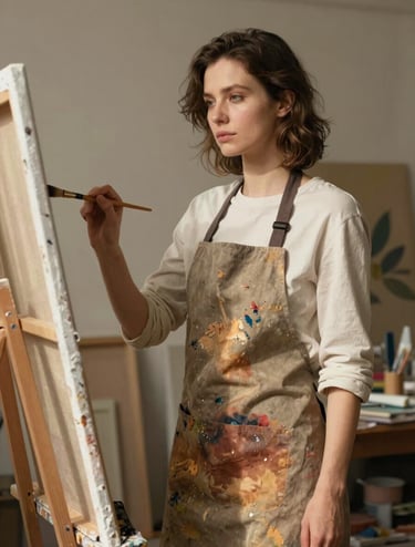 Photography of Katya Rivka in her art studio. She is standing before a large canvas, holding a brush, looking thoughtful and serene. The lighting is warm and natural, casting soft shadows. Her apron is stained with organic colors like muted brown and warm sand.
