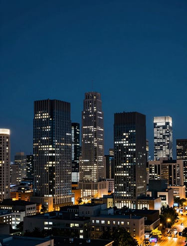 A wide cinematic shot of a modern urban skyline at night, deep charcoal buildings set against a night sky blue atmosphere, sharp lighting, high contrast.