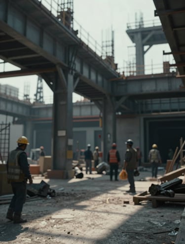 Cinematic context shot of a gritty, modern industrial renovation site. Low-angle shot showing the scale of the structure. Shadows are deep #1A1A1A, with highlights in #F5F5DC. Real workers in the background, out of focus. High-energy, raw atmosphere.