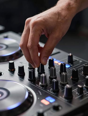 Close-up detail of a hand adjusting a mixer knob on a professional DJ deck. Sleek #2C2D3B metallic surfaces with glowing #7A7CF1 LED indicators. Focus on technical skill and premium equipment.