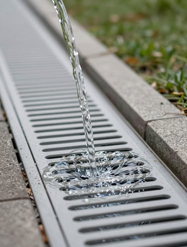 A close-up photograph of water flowing into a modern, perforated drainage system in an urban park in Indonesia. The scene is clean and showcases advanced water management technology. Professional lighting and elegant composition.