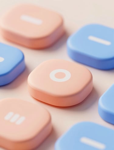 A detailed 3D render of rounded, tactile buttons and UI elements in a soft peach #FFC6A6 and sky blue #A6D1FF. The lighting is warm and expressive, highlighting the user-centered and sensitive design approach.