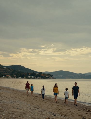 A wide-angle, cinematic photograph of a family walking along a serene beach in Bodrum during twilight. The sky is a mix of light grey and soft mustard yellow. Professional composition, emphasizing space and the natural beauty of the Middle Eastern / Turkish landscape.