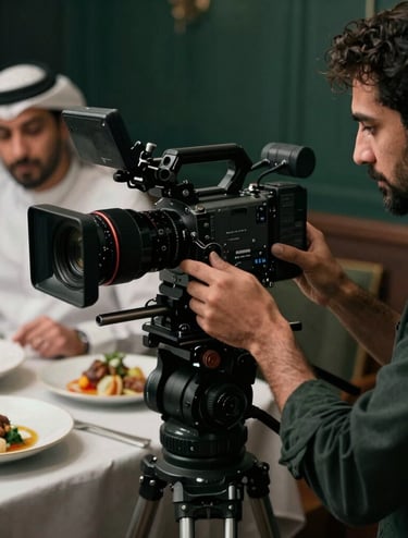 A videographer adjusting the lens of a professional cinema camera during a restaurant shoot, Middle Eastern / Arabic context, dark moody atmosphere with natural light highlighting the culinary setup, cinematic and luxurious feel with dark green and crimson tones.