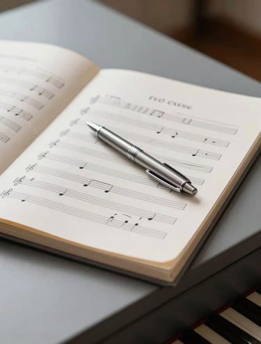 A refined close-up of a classical sheet music folder and a professional silver pen on a dark gray piano. North American / US music conservatory setting, bright and clean minimalist lighting with light gray surfaces.