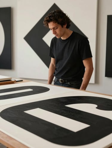 Medium shot of an artist's workspace in a minimalist Latinoamericano / Español studio, showing a section of a canvas with black and off white geometric shapes, clean and modern aesthetic.