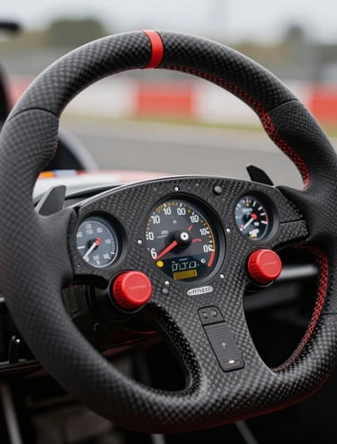 Close-up macro photography of a Formula 1 steering wheel showing intricate dials and carbon fiber texture, shallow depth of field with the blurred pit lane in the background, sharp focus on the red buttons, professional and clean industrial aesthetic.