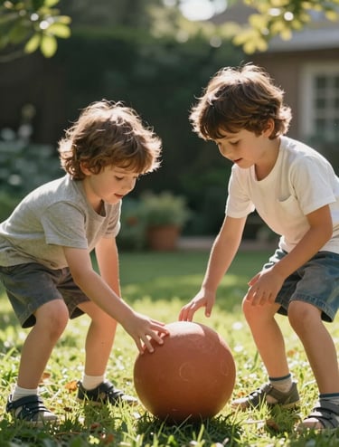 Candid shot of two children playing with a terracotta-colored ball in a garden. The scene is bathed in sun-drenched, cinematic lighting with soft greenery in the background, showing authentic joy.