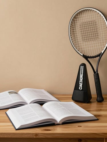A minimalist North American student desk setup featuring open textbooks, a piano metronome, and a tennis racquet leaning against a soft tan wall, reflecting a balanced and disciplined lifestyle.