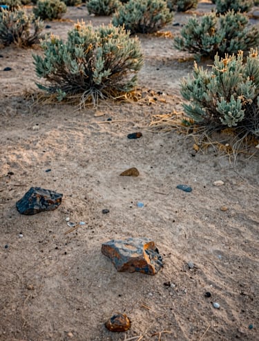 A detailed texture shot of high-desert soil, scattered rocks, and native sagebrush in Northeast Nevada. Low-angle photography capturing the rugged ground surface under warm, golden afternoon light. Colors include sand beige and muted olive green.