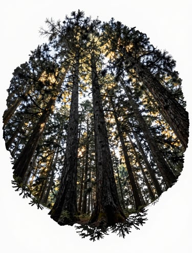 A distorted 360-degree photography shot of an Oregon forest, charcoal slate tree trunks, sunlight filtering through the canopy with warm cream highlights, a slightly imperfect and raw composition.