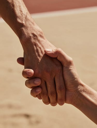Macro photography of two hands interlocked, capturing a moment of support and connection. The lighting is warm and cinematic, set against a soft sand-colored background with hints of terracotta. Professional European lifestyle aesthetic.