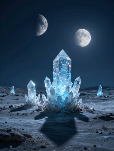 Wide-angle landscape of a desolate alien world under a dual-moon sky, featuring glowing crystalline structures and long shadows. The color palette incorporates deep navy (#1A202C) and soft ice blue (#A7BCCB), cinematic lighting, high-fidelity render.