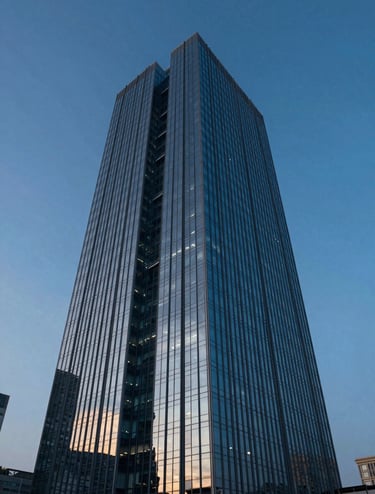 Cinematic low-angle drone shot of a modern glass skyscraper reflecting a deep blue twilight sky. Sharp lines, high contrast, featuring #1B263B shadows and #A0B0C0 highlights. Professional architectural photography style.