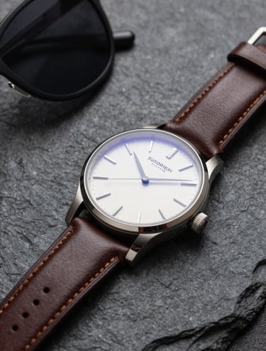 Close-up detail shot of luxury accessories including a leather watch and sunglasses on a dark charcoal textured stone surface. Professional product lighting, emphasizing quality. Colors include dark brown and off-white.