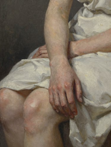 A detail shot of the seated figure's hand from the previous oil painting. The composition is tight, showing the intricate blending of muted taupe and off-white to create realistic skin tones against a dark charcoal background. The texture of the oil paint adds a physical depth to the image.