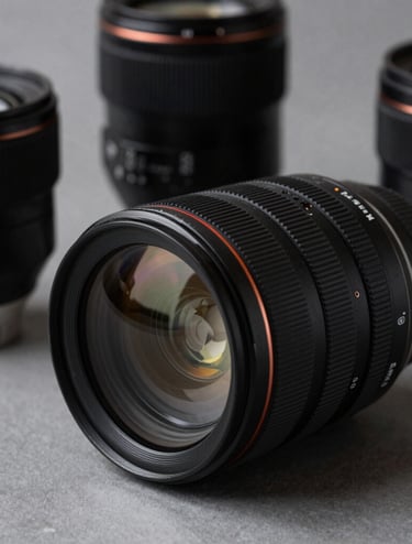 Close-up photography of professional camera lenses and equipment on a minimalist set. Dark gray and black tones, professional lighting that highlights the glass textures. South American / Brazilian production context, modern and technical feel.
