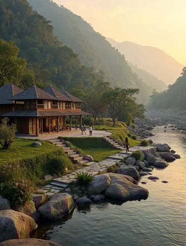 A serene Ayurvedic retreat on River Ganga in Rishikesh at sunrise, with yoga and meditation