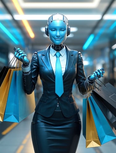 ai female robot business suit holding several shopping bags in mall smart spending