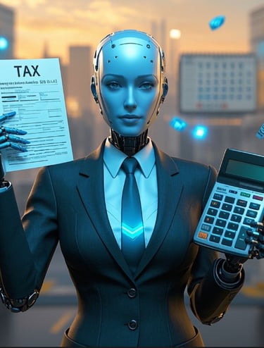 ai female robot business suit holding tax document and calculator