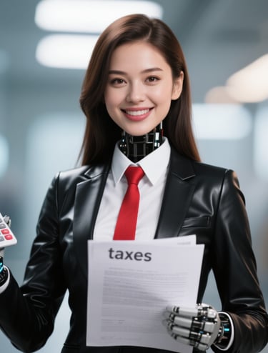 a woman in a black leather suit and red tie holding a calculator and tax document 