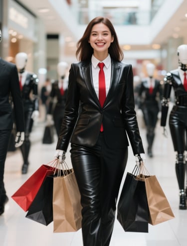 a woman in a black leather suit and red tie is walking down a shopping mall