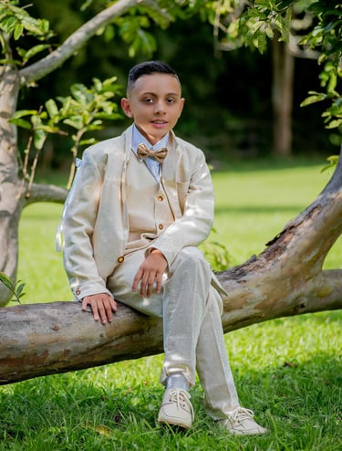 Un niño con un traje formal de color crema y pajarita sentado en la rama de un árbol al aire libre.