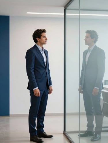 A professional man in his 40s with a modern, clean-cut look, wearing a tailored navy suit, standing in a minimalist South American / Brazilian office corridor. He is looking at his reflection in a glass partition. The aesthetic is contemporary and sophisticated with cloud white and slate blue accents.