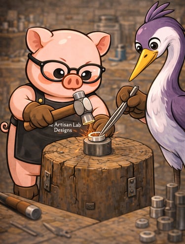 The Artisan Lab Designs mascot Milo and Lyra is hammering the silver to shape its form