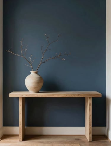 A quiet, perfectly organized home entryway with a minimalist console table, a single ceramic vase with a dry branch, soft overcast daylight, elegant domestic setting, 35mm lens.
