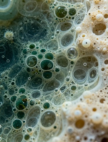 A macro photograph showing the intricate cells and bubbles formed within the resin. The colors transition from a deep forest green to a soft parchment white, creating a sense of ethereal movement and microscopic marine beauty.