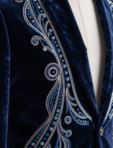 A detailed close-up photography of high-fashion garment textures in North American / US. Deep navy velvet is interlaced with silver metallic threads and intricate dusty blue beadwork. The lighting is sharp, highlighting the professional craftsmanship and high-end materials.