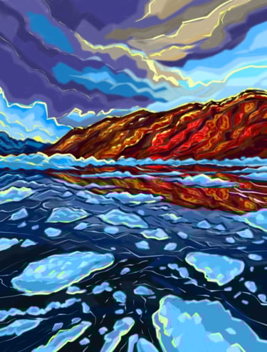 landscape art or painting with ice caped mountain and frozen river made using photoshop