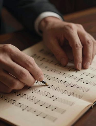 A close-up, artistic shot of a tenor's hands resting on a vintage musical score. The lighting is warm and soft, highlighting the texture of the aged paper. The color palette includes rich Borgona #6B242D tones in the shadows and Sabbia #DDCBC0 in the highlights.