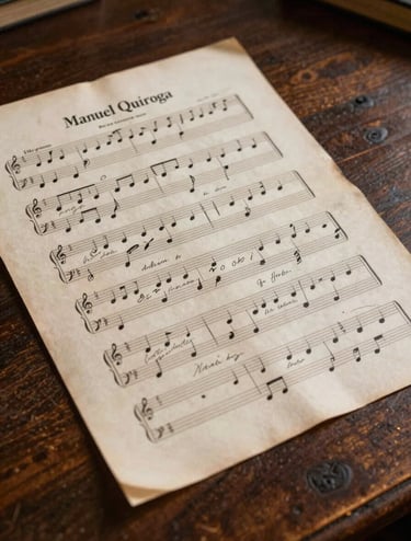 Historical sheet music with handwritten annotations by Manuel Quiroga, lying on a dark wooden table in a Southern European / Spanish library. The lighting is soft and focused, emphasizing the aged soft off-white paper and deep charcoal ink.