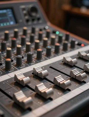 Detailed photograph of a high-end music mixing console in a professional studio. The silver faders are set at different levels, reflecting warm sand-colored lights. The background is softly blurred in shades of dark cocoa brown.