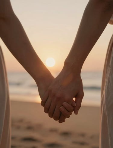 Close-up cinematic shot of a couple's hands holding, warm sunset light flare, Iberian setting. The focus is on the emotional connection and the texture of skin. Warm sand and terracotta color palette.