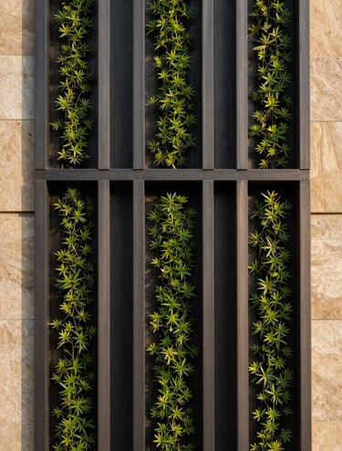 A close-up architectural detail of a building facade where deep charcoal steel meets vertical greenery and warm beige stone. Soft morning light creates a professional and calm atmosphere, emphasizing sustainable materials.