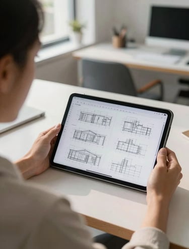 Over-the-shoulder shot of a designer working on a tablet in a bright, modern North American / US architectural studio, focusing on high-fidelity wireframes, soft morning light.