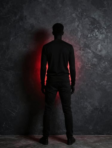 Artistic full-body silhouette of a person standing against a dark charcoal wall in a North American studio, subtle red neon light outlining the shape, minimalist composition, professional fashion photography.