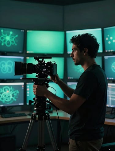A professional filmmaker in a modern South American / Brazilian studio, silhouetted against a wall of monitors. The scene is lit with deep sea green and dark slate teal tones, highlighting the technical expertise and artistic focus.