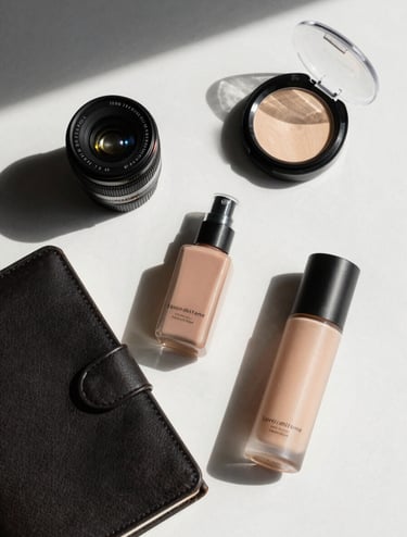 A flat lay of beauty products and a travel journal on a pearl white surface, with dark charcoal shadows adding depth and a modern contrast.